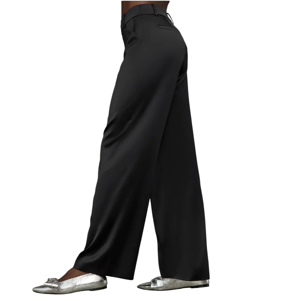 NEW Carbon38 Womens Black Satin Pants M Straight Leg High Rise Trousers Tailored - Picture 2 of 16